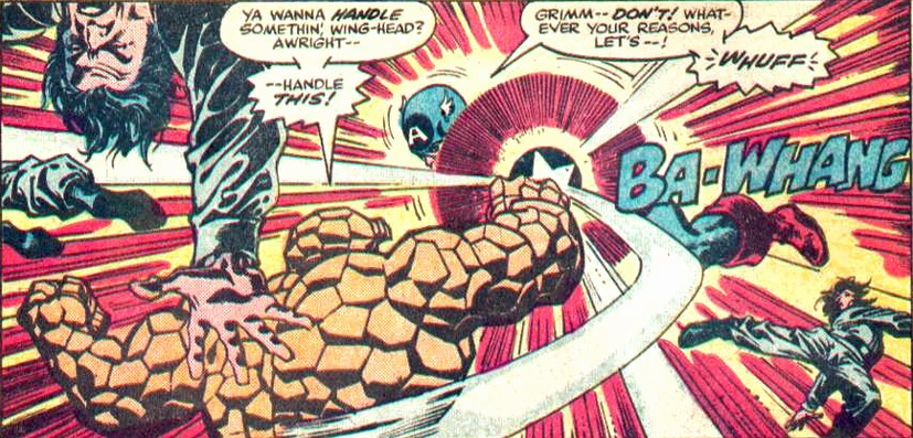 Captain America uses his shield to block a punch from the Thing