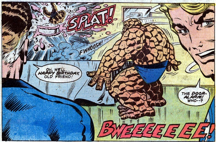 The Thing blows out his birthday cake