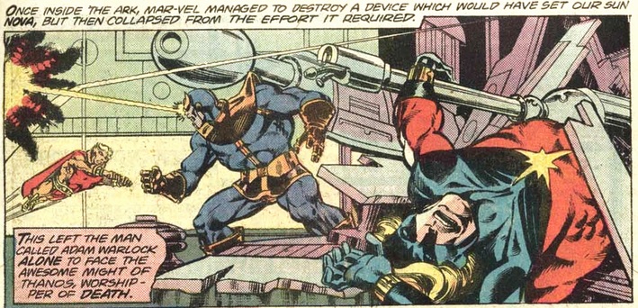Adam Warlock confronts Thanos, Captain Marvel is down
