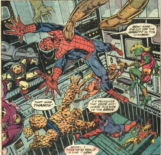 The Thing, Spider-Man, and combatants floating in zero gravity inside a space ship