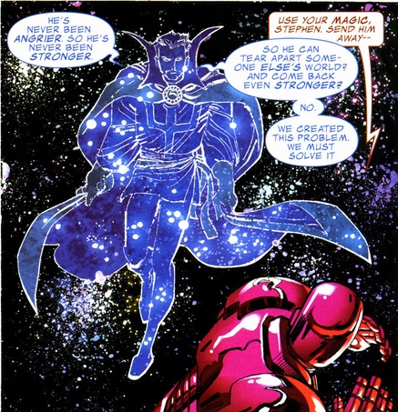 Doctor Strange and Iron Man in a discussion in space