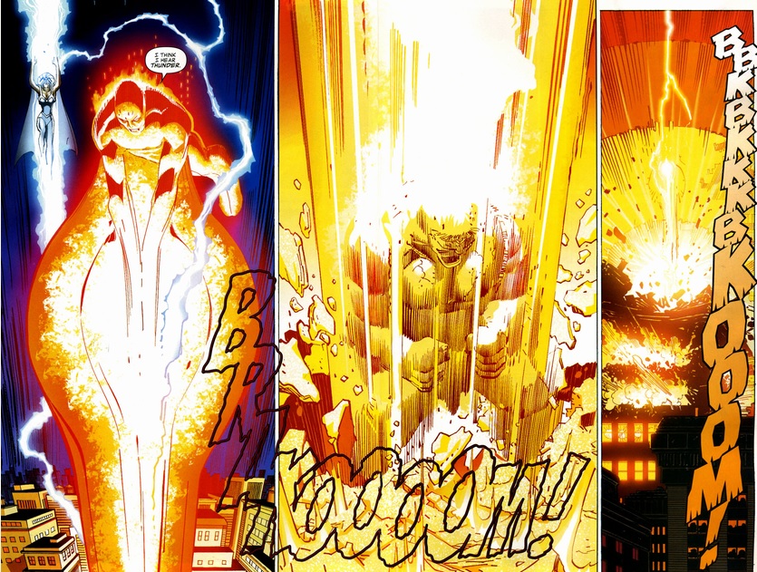 Human Torch hits the Hulk with his nova blast