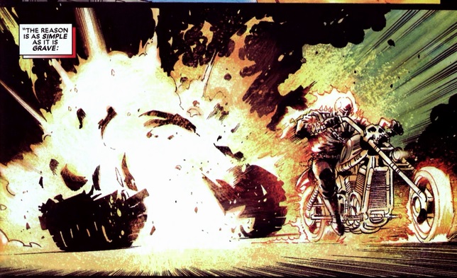 Ghost Rider rides through a tank