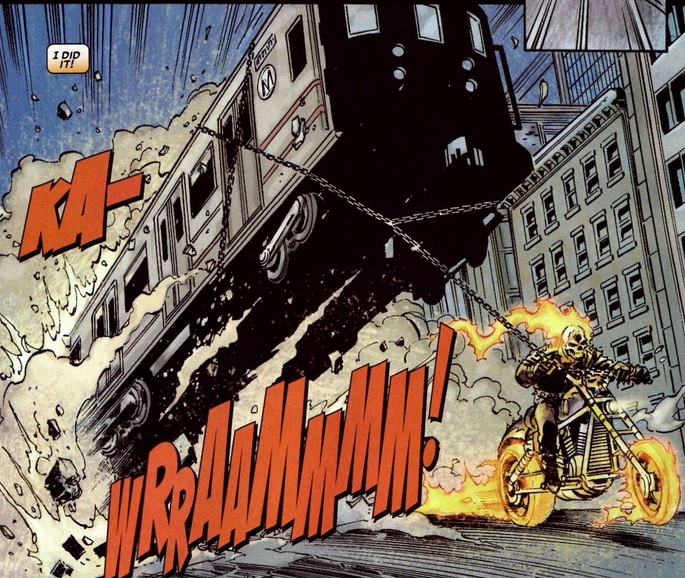 Ghost Rider dragging a subway train