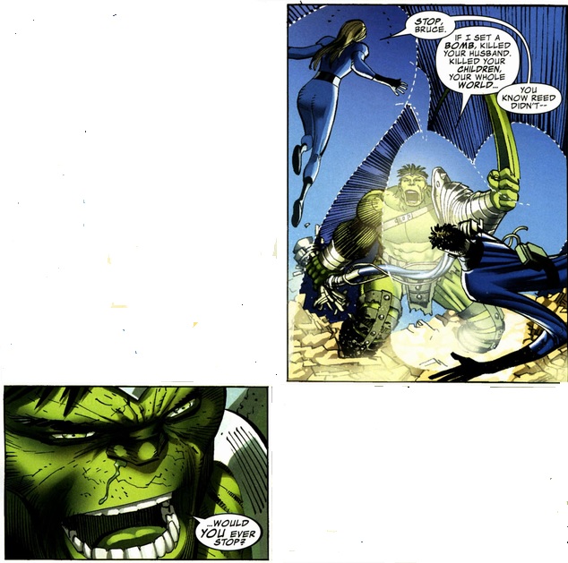The Hulk talking to Invisible Woman in battle