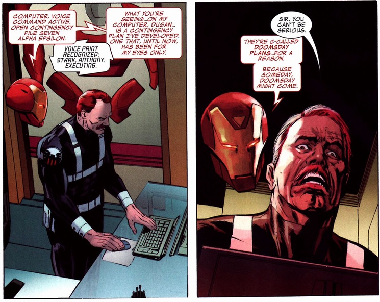Dum Dum Dugan reacts with surprise to Tony Starks doomsday plan