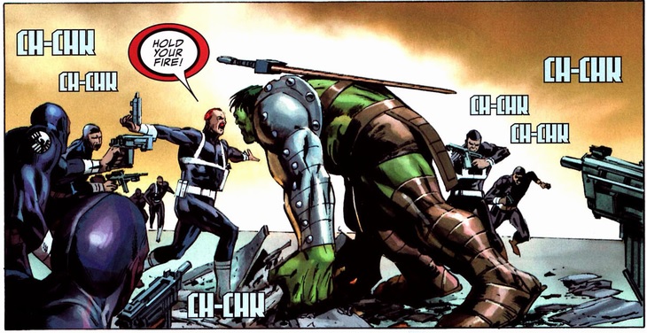 Dum Dum Dugan stops S.H.I.E.L.D. agents from attacking the Hulk