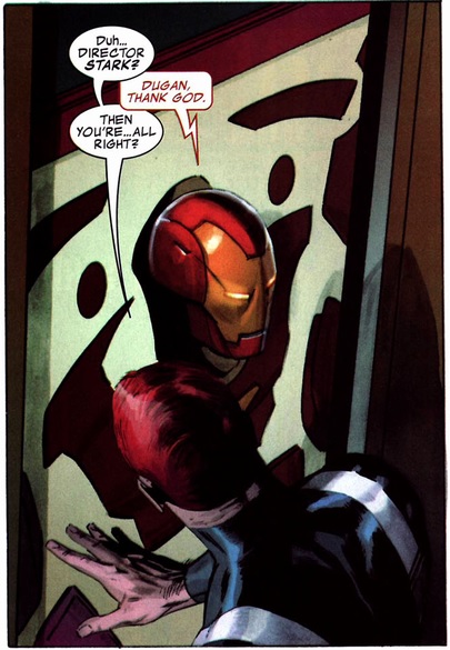 Tony Stark talks to Dum Dum Dugan throuh his Iron Man mask