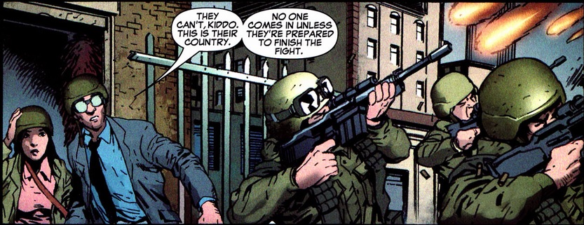 Soldiers fire their guns while Ben looks on