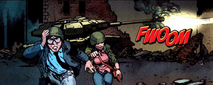 A tank fires while Sally and Ben run in front of it