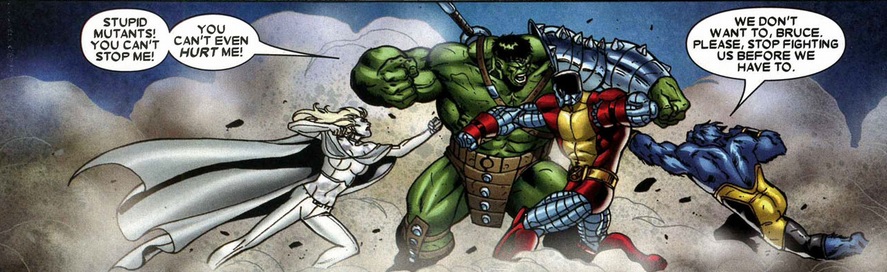 Emman Frost, Colossus, and the Beast fight the Hulk