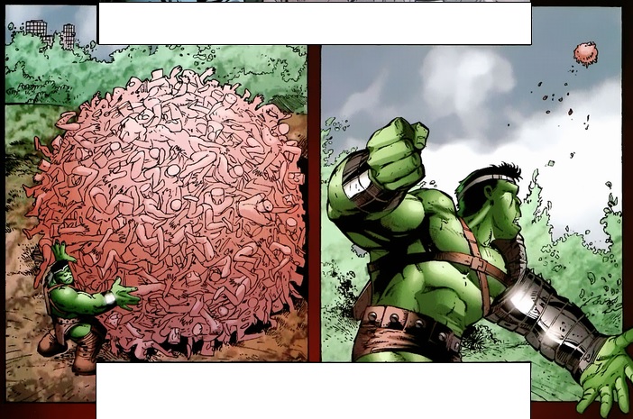 Hulk rolls the humanoids into a giant ball and throws them away