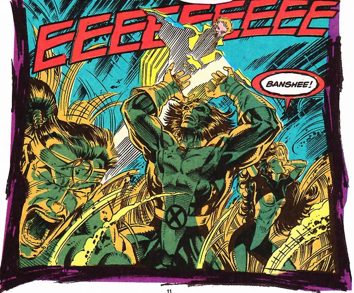 Banshee attacks Forge, Wolverine, and Rogue