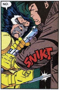 Wolverine threatens Gambit with his claws