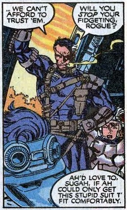 Rogue fidgeting in her armor as Nick Fury looks on