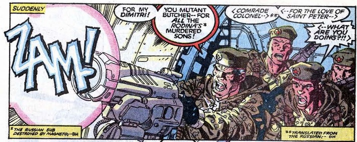 Colonel Semyanov fires a gun at Magneto