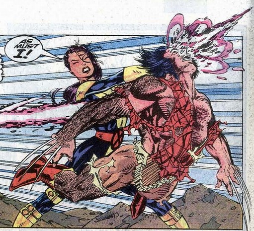 Psylocke hits Wolverine with a psychic knife